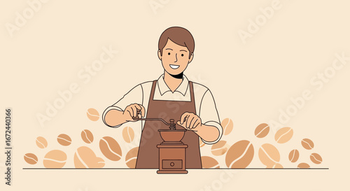 Barista Expertly Grinding Coffee Beans in Illustration with Neutral Color Palette