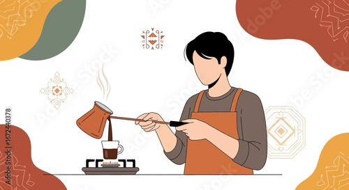 Barista Expertly Preparing Fresh Coffee in A Modern Stylish Simplified Illustrated Aesthetic