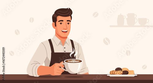 Barista Holding Coffee Cup And Smiling Beside A Plate Of Cookies For Customers
