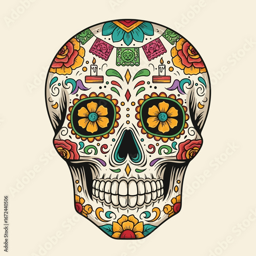 Ornate sugar skull, Dia de los Muertos design, vibrant floral details, colorful candles.