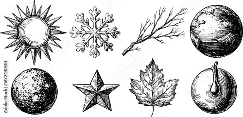 Hand drawn illustration set of seasonal cycles featuring sun, snowflake, and nature elements for design