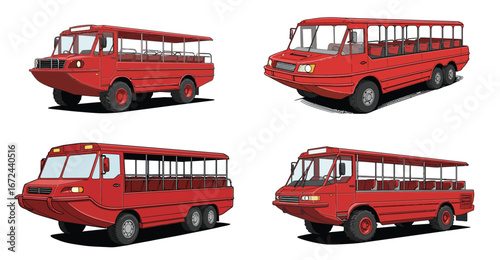 Red Amphibious Tour Buses on White Background, Illustrating Versatile Transportation