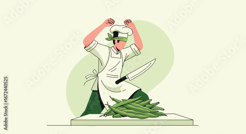 Blindfolded Chef Chopping Beans with Precision and Skill in Vector Illustration Design