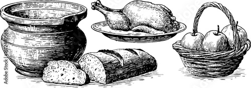 Traditional slavic feast elements with clay pot, roasted chicken, bread, and apples for vintage design
