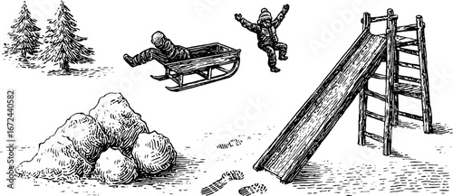 Winter fun illustration set featuring sledding, children, and outdoor snow activities