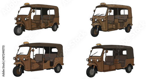 Artistic representation of iconic brown tuk-tuks featuring intricate shading and black outlines