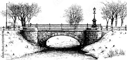 Snowy stone arch bridge with railings in winter scene for posters or cards