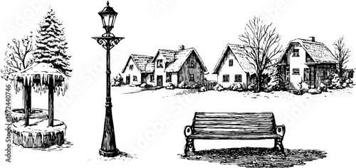 Winter village scene featuring snowy cobblestone street and vintage street elements for holiday decor