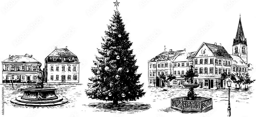 Obraz premium Vintage hand drawn illustration of a town square in winter setting with festive tree