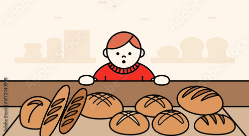 Boy Admiring Freshly Baked Bread Selection In A Charming Bakery Setting