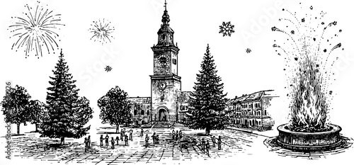 Vintage town square celebration with clock tower and fireworks - design for holiday cards and posters