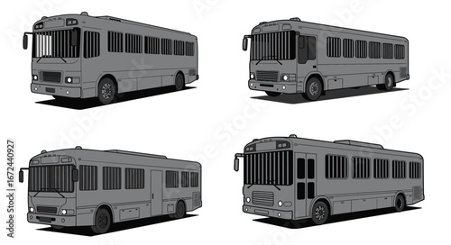 A collection of monochromatic prison transport bus illustrations on clean background