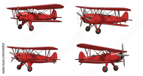 Illustrative Collage of Scarlet Biplanes with Detailed Vector Styling on White