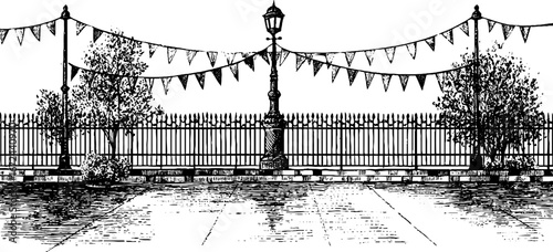 Vintage urban ice rink scene with iron fence and lamppost silhouette for retro design