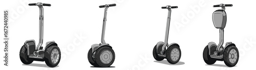 Diverse silver Segway depictions vector art featuring black outlines and subtle shading