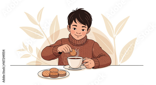 Boy Dipping Biscuit Into Hot Drink During A Cozy Afternoon In A Warm Sweater