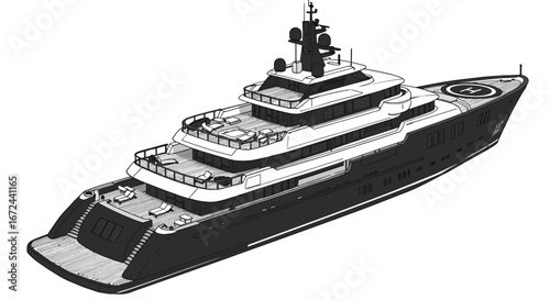 Detailed illustration of a multideck luxury yacht with helipad and sunbeds