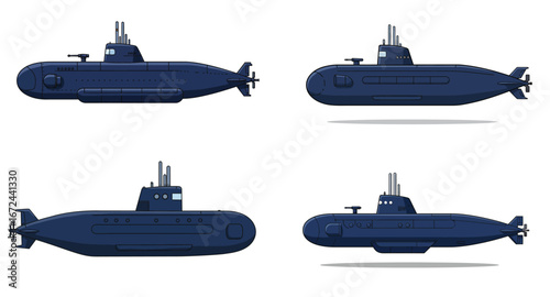 Collection of Navy Blue Submarine Vector Illustrations with Shadow Details