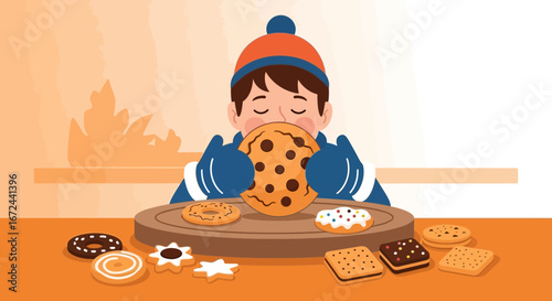 Boy Enjoying Giant Cookie Surrounded By Various Sweet Treats For Dessert Pleasure Scene