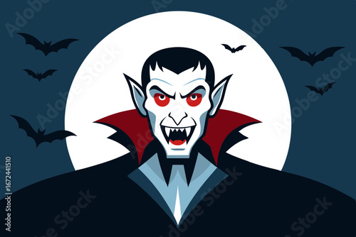 Vampire with Sharp Fangs and Dark Cape Gothic Halloween Vector Artwork