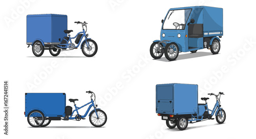Electric delivery trikes set concept with blue cargo boxes, sketch design