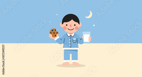 Boy Enjoying Sweet Treats And A Glass Of Milk During A Peaceful Nighttime Scene