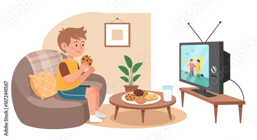 Boy Enjoys Cookies While Watching Television In His Cozy Living Room