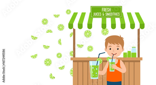 Boy Enjoys Fresh Juices And Smoothies At A Lime Themed Stall