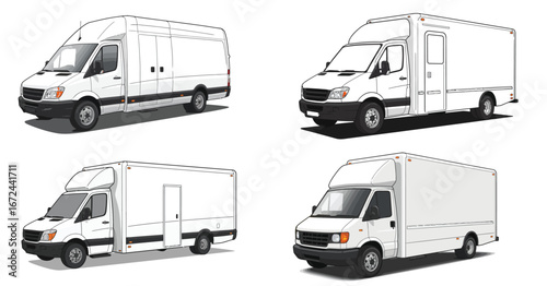Collection of Delivery Van Illustrations with Black Outlines and Shadow