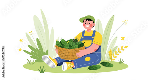 Boy Harvesting Cucumbers From His Garden Smiling Happily, Holding a Wicker Basket
