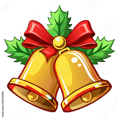 Christmas bells with red bow and holly isolated on white background isolated on transparent background