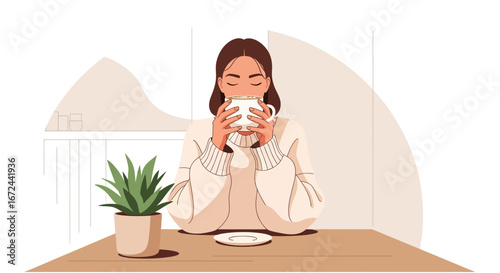 Calm Morning: Woman Savoring Tea, Peaceful Moment, Interior Illustration Design