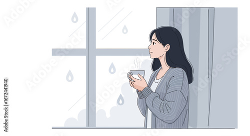 Calm Woman Enjoying Coffee Beside A Window On A Rainy Day In A Domestic Setting
