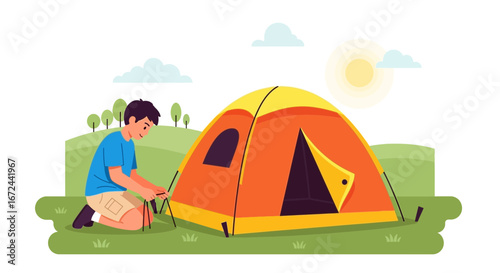 Camping Adventure: A Person Erecting A Tent In Natural Outdoor Environment