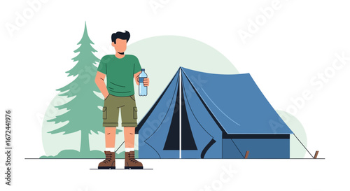 Camping Adventure: A Man Standing Near Tent Embracing Nature and Fresh Water Bottle