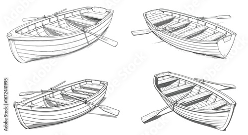 Detailed monochrome rowing boat illustration with subtle shading and clean vector art