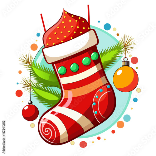 Festive red christmas stocking with green accent isolated on white background isolated on transparent background