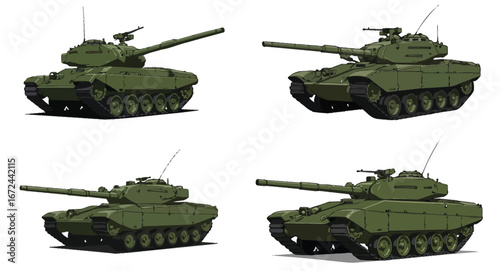 Illustration showcasing military green tanks with black outlines and detailed shading