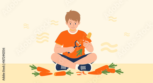 Boy Preparing Fresh Carrots Illustration For Cookbook Or Healthy Lifestyle Design