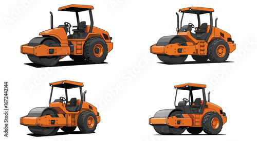 Orange road roller illustration with black outlines featuring smooth drum wheel detail