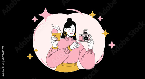 Captivating Illustrated Image Of A Woman Photography Enthusiast With Dessert And Camera