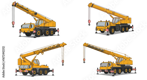 Illustrations of Heavy Machinery Mobile Crane in Different Angles on White Background