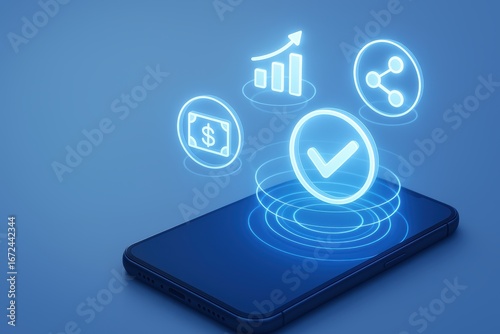 Wallpaper Mural Financial Technology at Your Fingertips: A sleek smartphone illuminated by the glow of financial icons. This photorealistic image captures the essence of modern banking. Torontodigital.ca