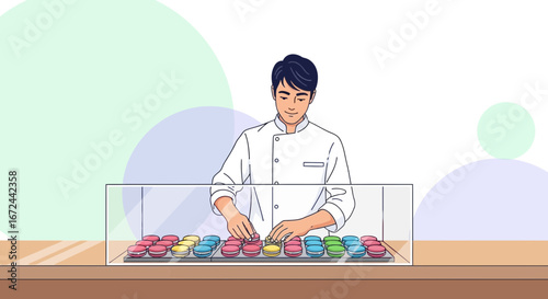 Careful Artisan Arranges Colorful Macarons in a Vibrant Display, Ready for Sale