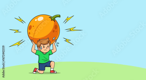 Boy Struggling To Lift A Large Fruit Demonstrating Perseverance And The Challenges Of Life