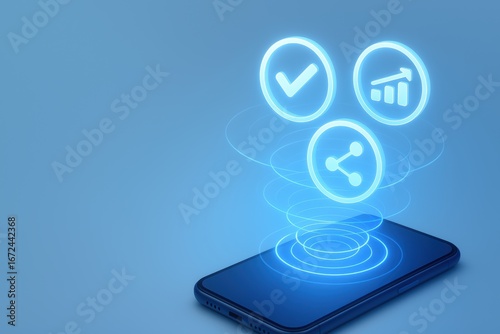 Digital Network Symbols: A sleek mobile phone showcases the modern essence of connectivity and efficiency, highlighted by glowing icons representing digital interaction and technological advancement.