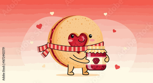 Caring Macaroon Character Offering Raspberry Jam For Valentines Day Celebration