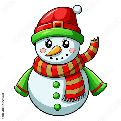 Happy cartoon snowman wearing a red hat and green scarf isolated on white background isolated on transparent background