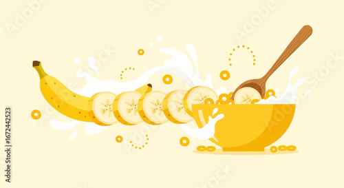Breakfast Delight: A Simple Cartoon Illustration of Cereal, Bananas and Milk Splash
