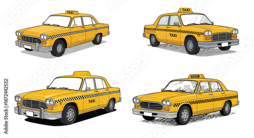 Four Yellow Taxi Cabs Illustration with Checkered Stripes on a White Background